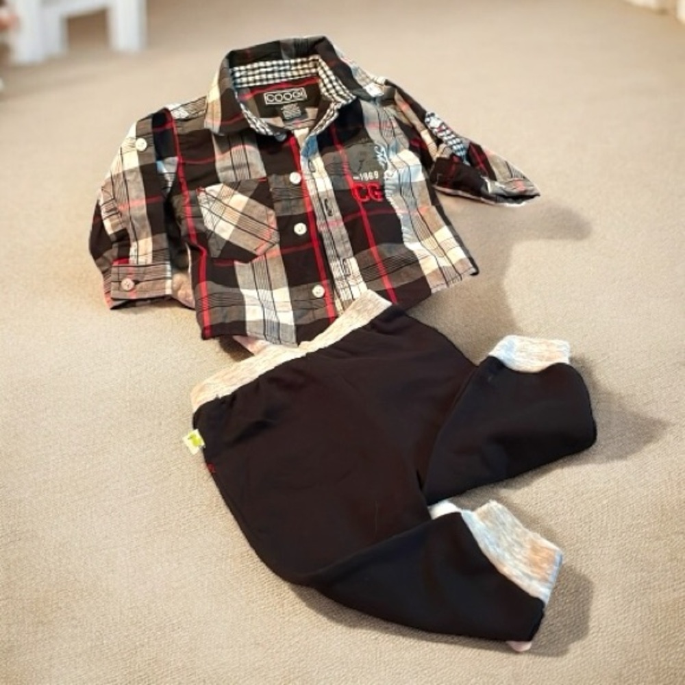 Coogi for Him 2 piece designer matching set red black gray baby boy 3-6 Like NEW